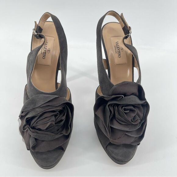 Valentino Grey Suede Floral Ruffle Slingback Platform Stiletto Heels US 7.5 - Picture 4 of 16